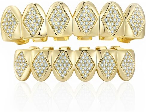 Hip Hop Gold/Silver Teeth Grills for Your Teeth, 18K Gold/Silver Plated Brass Grillz for Men Women, Iced Out Zirconia Diamond Gold/Silver Grillz for Teeth, Adult Party Bling Tooth Grill Set with Case & Gel in Kuwait