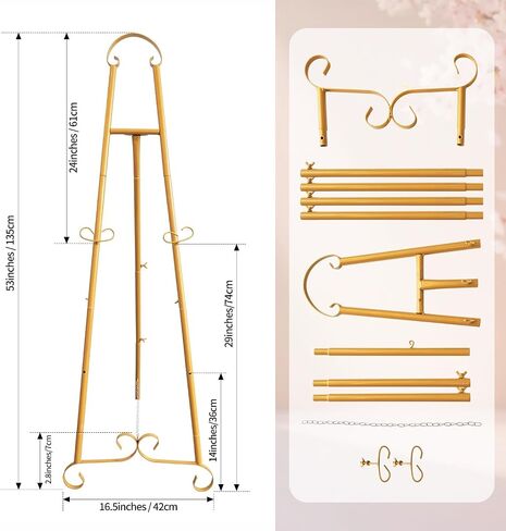 Gold Metal Round Tube Scroll Easel Adjustable Floor Standing with Chain Support, Perfect for Pictures, Artwork, Frames, Wedding Signs & Posters in Saudi Arabia