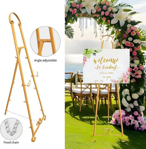 Gold Metal Round Tube Scroll Easel Adjustable Floor Standing with Chain Support, Perfect for Pictures, Artwork, Frames, Wedding Signs & Posters in Saudi Arabia