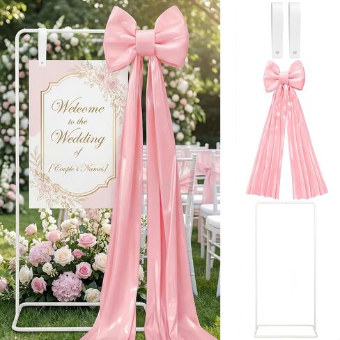 LEIFIDE Wedding Welcome Sign Stand with Giant Bow Adjustable Wedding Sign Holder with 2 Leather Hanging Straps Seating Chart Easel for Birthday Bridal Shower Home Party Decor(White) in Kuwait