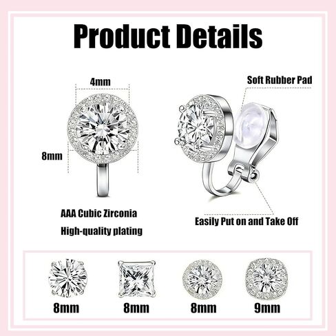 Cubic Zirconia Clip on Earrings, Women Hypoallergenic Comfortable Non Pierced Stud Earrings Earring Set For Wedding And Dance Competitions in Kuwait