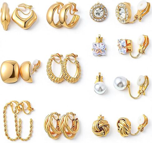 10 Pairs Clip on Earrings for Women 14K Gold Plated Chunky Hoop and Studs Earring Set Trendy Clip on Hoop Earrings No Piercing Fake Earring Set in Kuwait