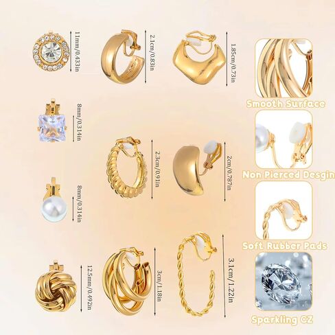 10 Pairs Clip on Earrings for Women 14K Gold Plated Chunky Hoop and Studs Earring Set Trendy Clip on Hoop Earrings No Piercing Fake Earring Set in Kuwait