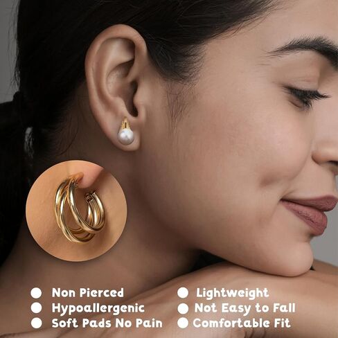10 Pairs Clip on Earrings for Women 14K Gold Plated Chunky Hoop and Studs Earring Set Trendy Clip on Hoop Earrings No Piercing Fake Earring Set in Kuwait