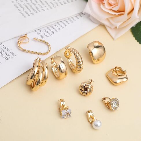10 Pairs Clip on Earrings for Women 14K Gold Plated Chunky Hoop and Studs Earring Set Trendy Clip on Hoop Earrings No Piercing Fake Earring Set in Kuwait