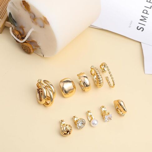 10 Pairs Clip on Earrings for Women 14K Gold Plated Chunky Hoop and Studs Earring Set Trendy Clip on Hoop Earrings No Piercing Fake Earring Set in Kuwait