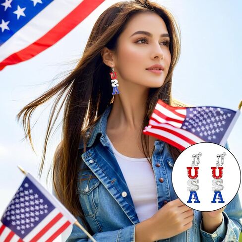 Clip On Earrings, July 4th Independence Day Earrings, Non-Piercing, American Flag Five-pointed Star Dangle Earrings for Women Independence Day Jewelry in Saudi Arabia