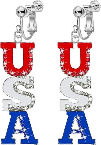 Clip On Earrings, July 4th Independence Day Earrings, Non-Piercing, American Flag Five-pointed Star Dangle Earrings for Women Independence Day Jewelry in Saudi Arabia