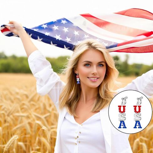 Clip On Earrings, July 4th Independence Day Earrings, Non-Piercing, American Flag Five-pointed Star Dangle Earrings for Women Independence Day Jewelry in Saudi Arabia
