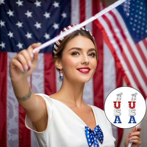 Clip On Earrings, July 4th Independence Day Earrings, Non-Piercing, American Flag Five-pointed Star Dangle Earrings for Women Independence Day Jewelry in Saudi Arabia