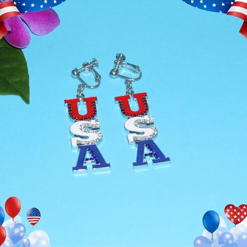 Clip On Earrings, July 4th Independence Day Earrings, Non-Piercing, American Flag Five-pointed Star Dangle Earrings for Women Independence Day Jewelry in Saudi Arabia