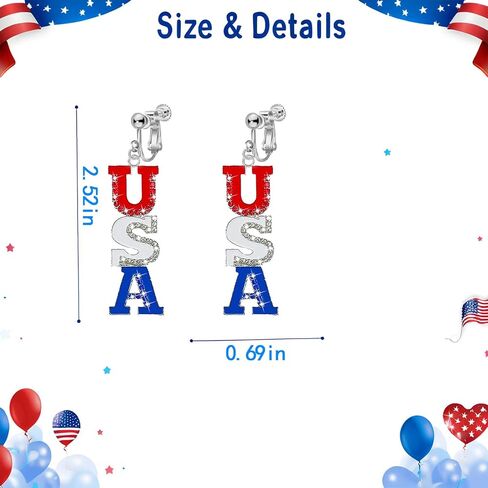 Clip On Earrings, July 4th Independence Day Earrings, Non-Piercing, American Flag Five-pointed Star Dangle Earrings for Women Independence Day Jewelry in Saudi Arabia