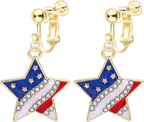 Clip On Earrings, July 4th Independence Day Earrings, Non-Piercing, American Flag Five-pointed Star Dangle Earrings for Women Independence Day Jewelry in Saudi Arabia