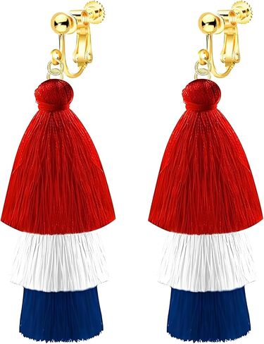 Clip On Earrings, July 4th Independence Day Earrings, Non-Piercing, American Flag Five-pointed Star Dangle Earrings for Women Independence Day Jewelry in Saudi Arabia