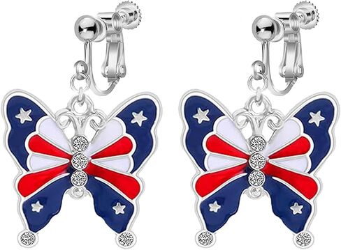 Clip On Earrings, July 4th Independence Day Earrings, Non-Piercing, American Flag Five-pointed Star Dangle Earrings for Women Independence Day Jewelry in Saudi Arabia