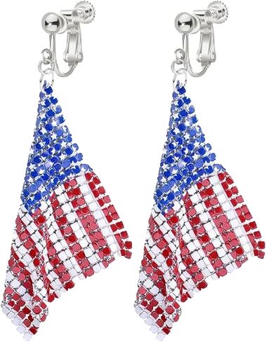 Clip On Earrings, July 4th Independence Day Earrings, Non-Piercing, American Flag Five-pointed Star Dangle Earrings for Women Independence Day Jewelry in Saudi Arabia