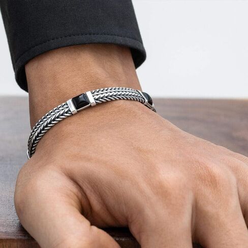 VY JEWELRY Milan At Night - سوار إيطالي من الفضة الإسترليني عيار 925 للرجال مع أونيكس - مقاسات من 7 إلى 10 بوصات in Kuwait