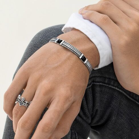VY JEWELRY Milan At Night - سوار إيطالي من الفضة الإسترليني عيار 925 للرجال مع أونيكس - مقاسات من 7 إلى 10 بوصات in Kuwait