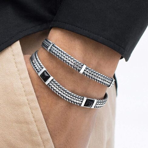 VY JEWELRY Milan At Night - سوار إيطالي من الفضة الإسترليني عيار 925 للرجال مع أونيكس - مقاسات من 7 إلى 10 بوصات in Kuwait