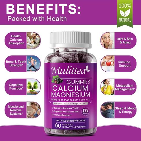 Plant Based Calcium Supplement with Vitamin D3,K2 Gummy for Bone Strength, Contains Whole Food Natural Minerals-Bone Health, Calm Mood & Sleep Support for Women & Men (2 Pack) in Saudi Arabia
