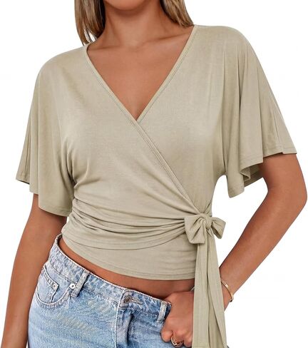 Nlife Womens Wrap Tops Flutter Sleeve Batwing Top Cinched Waist Blouse Tie Back Flattering Summer Shirt in Saudi Arabia