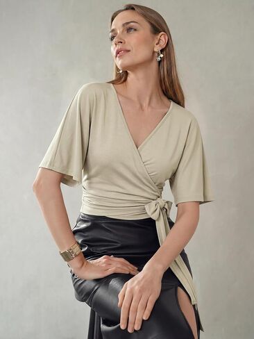 Nlife Womens Wrap Tops Flutter Sleeve Batwing Top Cinched Waist Blouse Tie Back Flattering Summer Shirt in Saudi Arabia