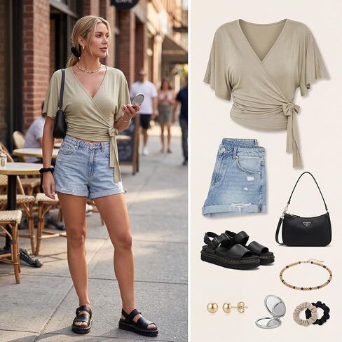 Nlife Womens Wrap Tops Flutter Sleeve Batwing Top Cinched Waist Blouse Tie Back Flattering Summer Shirt in Saudi Arabia