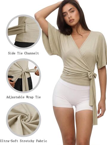 Nlife Womens Wrap Tops Flutter Sleeve Batwing Top Cinched Waist Blouse Tie Back Flattering Summer Shirt in Saudi Arabia