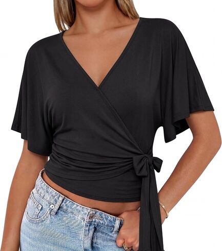Nlife Womens Wrap Tops Flutter Sleeve Batwing Top Cinched Waist Blouse Tie Back Flattering Summer Shirt in Kuwait