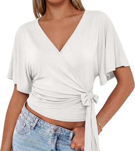 Nlife Womens Wrap Tops Flutter Sleeve Batwing Top Cinched Waist Blouse Tie Back Flattering Summer Shirt in Saudi Arabia