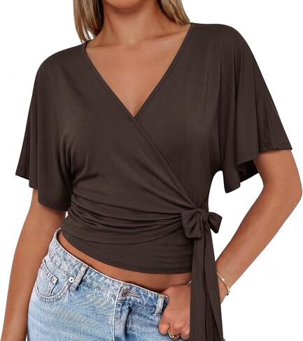 Nlife Womens Wrap Tops Flutter Sleeve Batwing Top Cinched Waist Blouse Tie Back Flattering Summer Shirt in Saudi Arabia