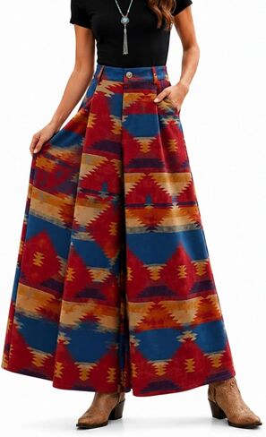 Cuffbow Women's Western Riding Skirt, Suedette Navajo Print Culotte Skirt with Pockets, High Waisted for Rodeo, 4th of July, Cheyenne Frontier Days in Kuwait