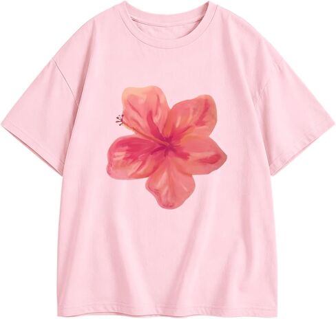 Girls Hibiscus Flower Graphic Tees Floral Hawaiian Beach Preppy Shirts for Kids Cute Aesthetic T Shirt Summer Tops in Kuwait