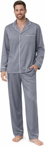 Men’s Long Sleeve Viscose from Bamboo Pajama Set – Cooling Moisture-Wicking Soft Sleepwear with Pockets in Kuwait