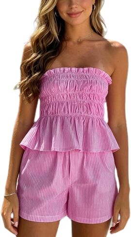 Yuemengxuan Women Shirred Top Shorts Summer Outfits Set 2 Piece Striped Pajamas Set Sleeveless Ruched Bandeau Tube Top Shorts in Kuwait
