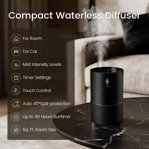 Waterless Diffuser for Essential Oil, Smart Car Air Freshener Diffuser, Scent Diffuser with Timer & 4 Mist Levels for Home, Room, Car, Office - Black in Saudi Arabia