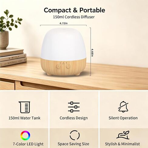 SPLITSKY Cordless Essential Oil Diffuser 150ML, Portable Rechargeable Aromatherapy Diffuser, Quiet Operation and Auto-Off, 7-Color LED Light, 3 Timer Settings, for Home, Bedroom, Travel in Saudi Arabia