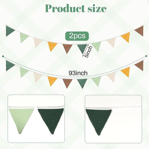 2PCS Pennant Banner Flags, Fabric Bunting Banner Nursery Garland Decor, Baby Shower Garland, Triangle Flags for Baby Boy Room, Playroom, Boho Birthday Party Decor, Each 7.75 ft (Green Yellow Brown) in Kuwait