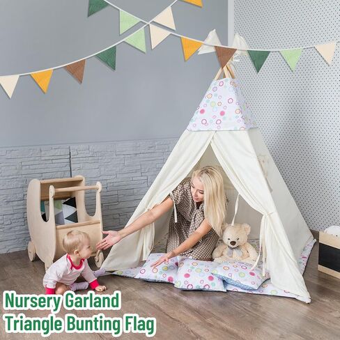 2PCS Pennant Banner Flags, Fabric Bunting Banner Nursery Garland Decor, Baby Shower Garland, Triangle Flags for Baby Boy Room, Playroom, Boho Birthday Party Decor, Each 7.75 ft (Green Yellow Brown) in Kuwait