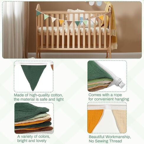 2PCS Pennant Banner Flags, Fabric Bunting Banner Nursery Garland Decor, Baby Shower Garland, Triangle Flags for Baby Boy Room, Playroom, Boho Birthday Party Decor, Each 7.75 ft (Green Yellow Brown) in Kuwait