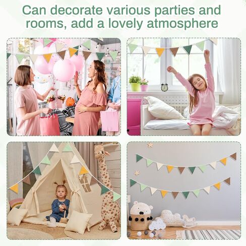 2PCS Pennant Banner Flags, Fabric Bunting Banner Nursery Garland Decor, Baby Shower Garland, Triangle Flags for Baby Boy Room, Playroom, Boho Birthday Party Decor, Each 7.75 ft (Green Yellow Brown) in Kuwait