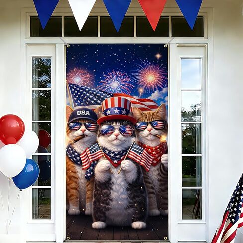 BVBOX Patriotic Door Cover Banner 35.4"x70.8" - Patriotic Cats Independence Day Fabric Door Covers, Welcome Front Door Hanging Cover for Memorial Day in Saudi Arabia