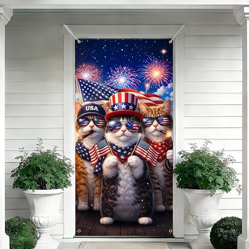 BVBOX Patriotic Door Cover Banner 35.4"x70.8" - Patriotic Cats Independence Day Fabric Door Covers, Welcome Front Door Hanging Cover for Memorial Day in Saudi Arabia