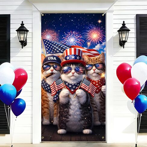 BVBOX Patriotic Door Cover Banner 35.4"x70.8" - Patriotic Cats Independence Day Fabric Door Covers, Welcome Front Door Hanging Cover for Memorial Day in Saudi Arabia