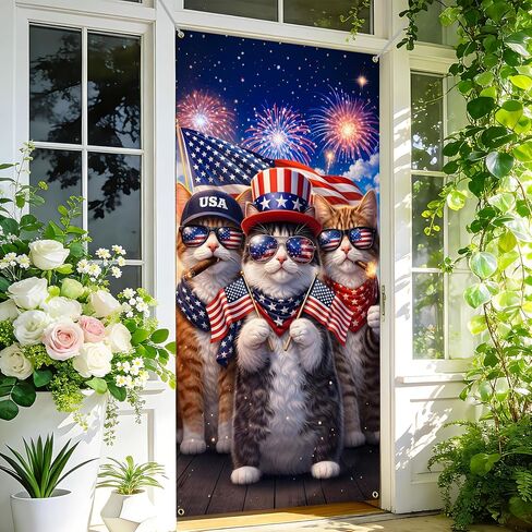 BVBOX Patriotic Door Cover Banner 35.4"x70.8" - Patriotic Cats Independence Day Fabric Door Covers, Welcome Front Door Hanging Cover for Memorial Day in Saudi Arabia