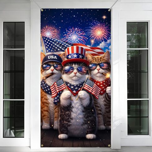 BVBOX Patriotic Door Cover Banner 35.4"x70.8" - Patriotic Cats Independence Day Fabric Door Covers, Welcome Front Door Hanging Cover for Memorial Day in Saudi Arabia