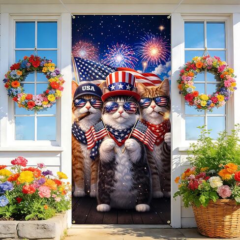 BVBOX Patriotic Door Cover Banner 35.4"x70.8" - Patriotic Cats Independence Day Fabric Door Covers, Welcome Front Door Hanging Cover for Memorial Day in Saudi Arabia