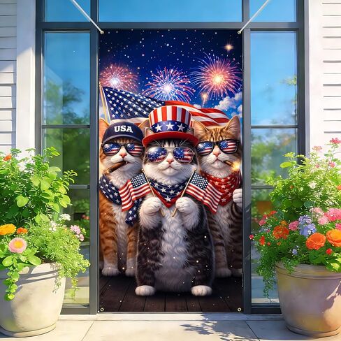 BVBOX Patriotic Door Cover Banner 35.4"x70.8" - Patriotic Cats Independence Day Fabric Door Covers, Welcome Front Door Hanging Cover for Memorial Day in Saudi Arabia
