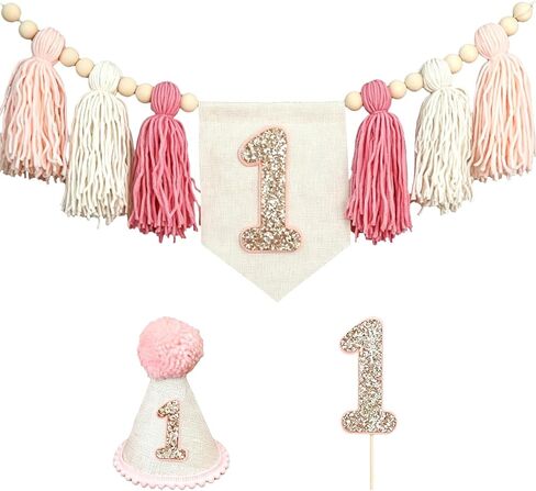 1st Birthday Party Decorations, Pink High Chair Banner with Tassels & Wood Beads, Cone Hat, Sparkly Number 1 Cake Topper, Sweet 1st Birthday Supplies for Photo Props & Party Decoration in Saudi Arabia