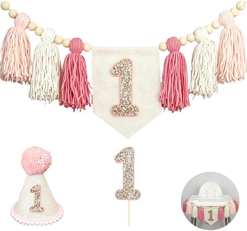 1st Birthday Party Decorations, Pink High Chair Banner with Tassels & Wood Beads, Cone Hat, Sparkly Number 1 Cake Topper, Sweet 1st Birthday Supplies for Photo Props & Party Decoration in Saudi Arabia